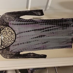 Buffalo sz S/P Blue/Black/Mauve 3/4 lace sleeve scoop neck tie dyed tunic top